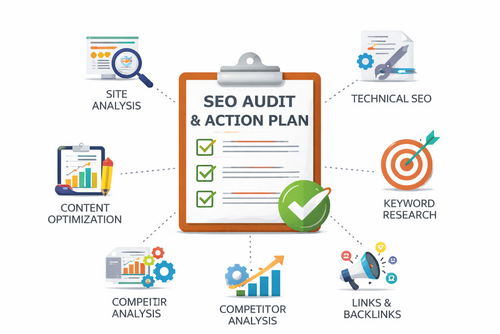 Diagram of SEO audit and action plan with icons and text on a white background