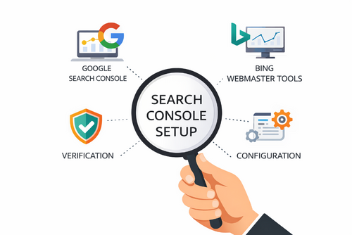 Illustration of a hand holding a magnifying glass with search console setup text, surrounded by icons for Google Search Console, Bing Webmaster Tools, verification, and configuration.