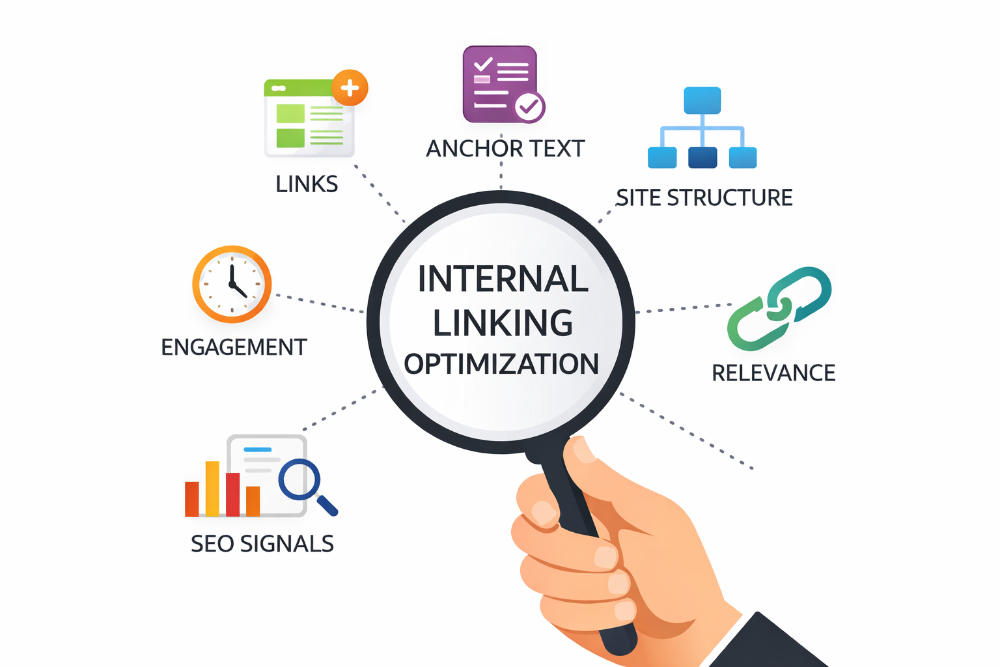 Hand holding a magnifying glass over 'Internal Linking Optimization' with SEO-related icons around it on a white background.