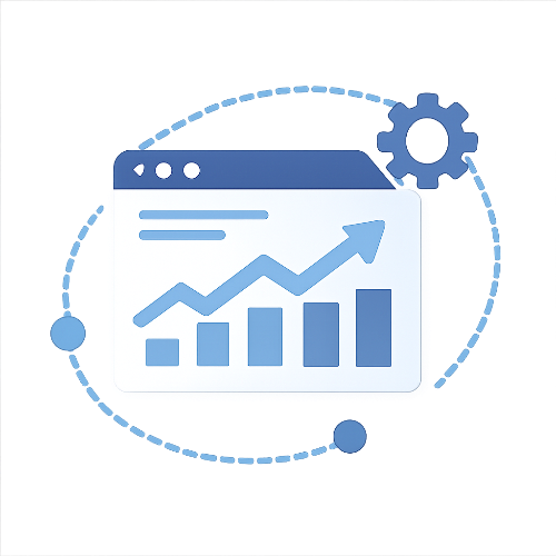 Blue icon of a computer screen with a bar graph and upward arrow, surrounded by a gear and circular elements on a white background.