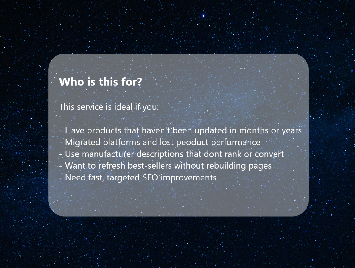 Text box with 'Who is this for?' question on a starry night sky background